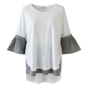 Biancalancia Italy White with Light Grey Trim 3/4 Ruffle Sleeve Tee Size 40